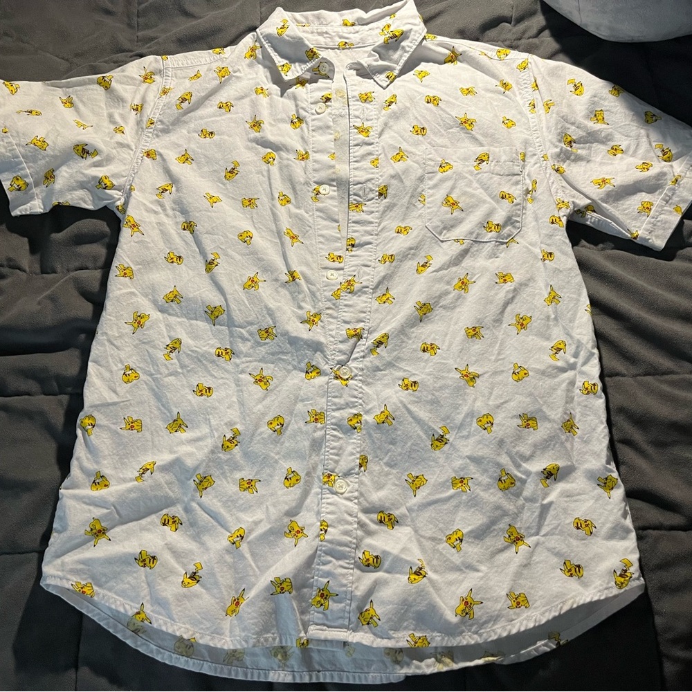 Men's Casual Button Down Shirt Pokemon - White with Yellow Pikachu Print